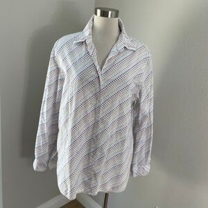 Foxcroft Womens 14 Classic Fit Polka Dot Button Up Shirt White Multi Blouse Top‎